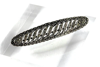 Broche de barra de marcasita Art Deco de plata esterlina filigrana remolino prendedor largo de colección Foto 1 de 4
