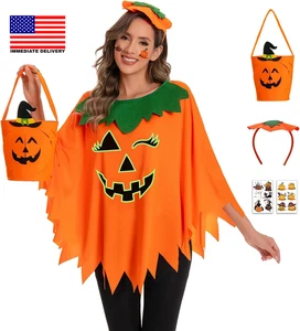 5-teiliges Halloween Kürbis Kostüm für Damen Erwachsene leuchten im Dunkeln Kürbis Poncho - Bild 1 von 7