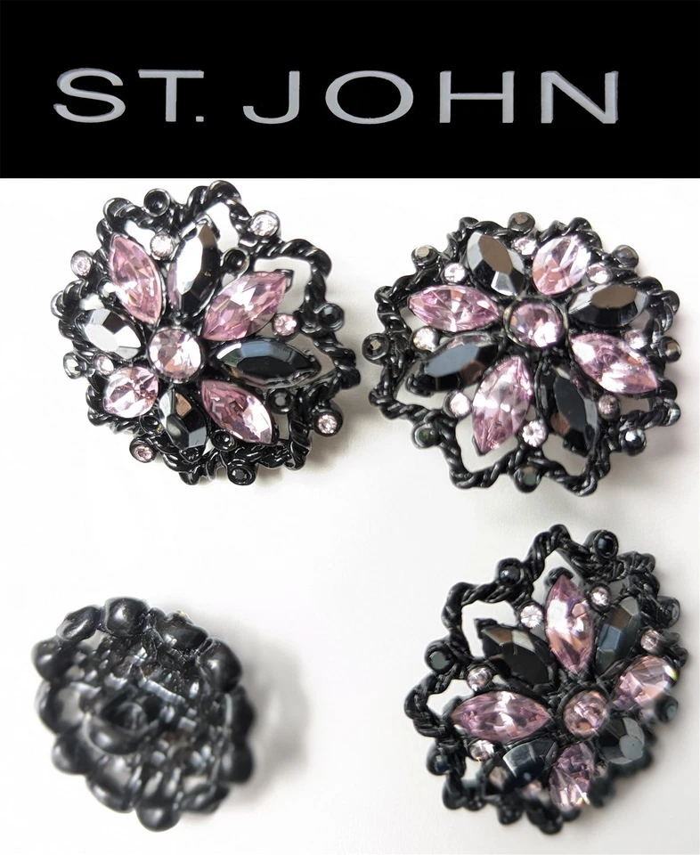 St John Knits Black Enamel Pink & Ebony Crystal Star Shaped Replacement Buttons - Image 1 of 1