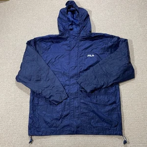 Vintage Fila Jacket Mens Large Relaxed Fit Navy Blue Shell Rain Anorak Hooded - Picture 1 of 11