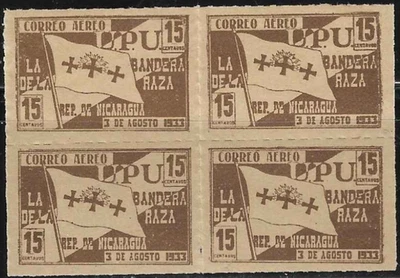 Bloque de estampillas postales aéreas de Nicaragua 1933 SC# C83 15c ol brn edición bandera de la raza Foto 1 de 2