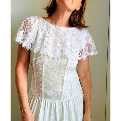 VTG 80s Jessica McClintock Silk Dress Cream White Lace Modern SZ 6-8 Coquette - Image 1 of 4