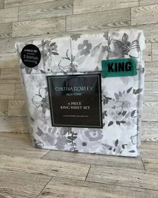 全新 Cynthia Rowley 紫色灰色花卉 6 件套 King 超细纤维床单套装 — 第 1/3 张图片