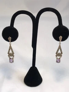 Vintage BOMA Sterling Silver Marcasite Amethyst Dangle Stud Earrings - Picture 1 of 6