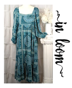 In Loom Vintage Teal Blue Balloon Sleeve Smocked Back Praire Boho Midi Dress L - Bild 1 von 9