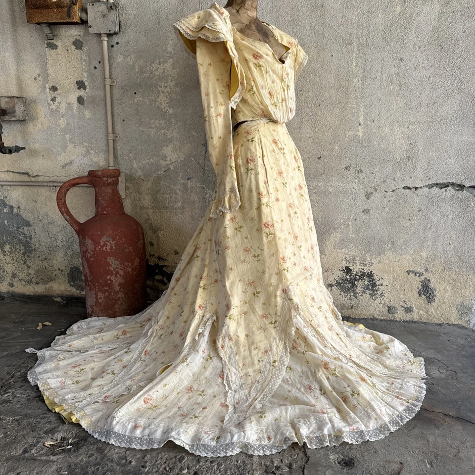 Antique Edwardian Yellow & Pink Rose Chintz Print Dress 4 PCE Lace Trim Vintage - Image 1 of 4