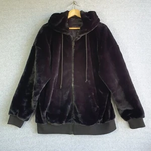 Lazy Oaf Jacket Womens Unisex Sz Large Black Faux Fur Sad Face Hoodie Zip Up - Picture 1 of 10