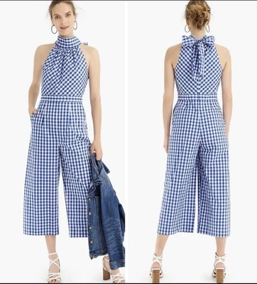 Mono J.Crew cuello alto en popelina de algodón guinga azul blanco para mujer talla 00 Foto 1 de 4