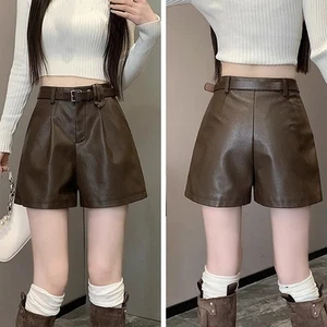 Womens Everyday Style Comfortable Loose Fit Leather High Waisted Shorts - Picture 1 of 27