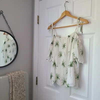 Milly 100% Silk Cold Shoulder Tie Palm Tree Print Top Sz L White Beach Luxe  - Image 1 of 4