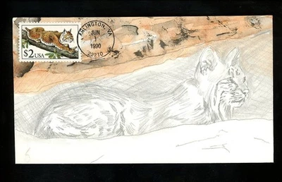 US FDC #2482 Marvin Friedman Hand Drawn HD 1990 Arlington VA Bobcat Cat Animal - Image 1 of 2