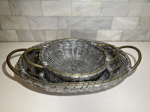 Vintage Woven Silver Aluminum Metal Basket Lot of 3, Round, Square, Rectangle Cover