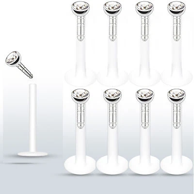 8 Pc Press Fit 2mm Clear CZ Bioflex Push In Stud Lip Labret Monroe Piercing 16g - Image 1 of 2