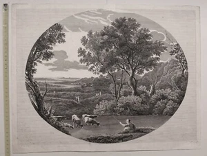 GRAVUR VON CLAUDE LORRAIN GELLEE MASON GRAVUR LANDSCHAFT SEEN FISCHER - Bild 1 von 6