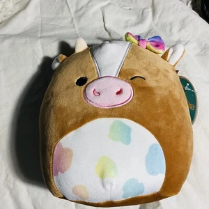 Peluche pastello mucca maculata marrone Squishmallow 7,5" Griella 2022 etichetta fiocco ammiccante - Foto 1 di 6