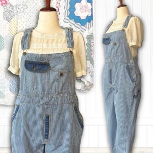 Vintage 90s Hickory Stripe Patchwork Denim Railroad Carpenter Overalls Size L - Picture 1 of 16