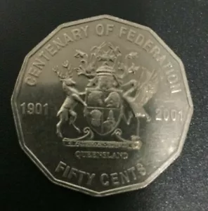 Circulated Australian 50c Fifty cent coin💰2001💰QUEENSLAND - QLD 💰Rare - Foto 1 di 2