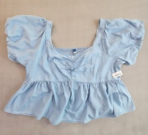 Old Navy Women's Peasant Blouse 4XL Blue Denim Smocked Crop Top Puff Sleeves NWT - Picture 1 of 13