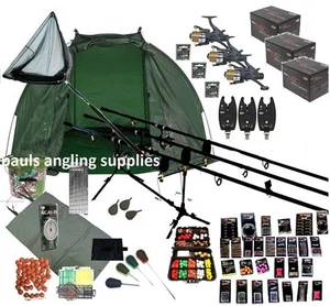3 Rod Carp Set Up Kit Fishing Rods Reels GIANT Tackle PACK Mat Shelter Net - Picture 1 of 2