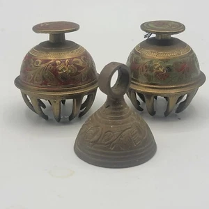 2 VTG BRASS Elephant Claw Temple Bells etched Floral & Leaves  INDIA +Extra bell - Picture 1 of 10