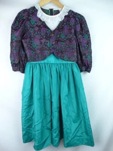 Ruth of Carolina Girls Vintage Dress Size 14 Teal Floral Half Sleeve Lace 80s - Picture 1 of 11