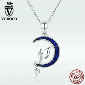 Collar Voroco Moon Fairy Plata Esterlina 925 con Azul CZ Dije Cadena Joyería - Imagen 1 de 6
