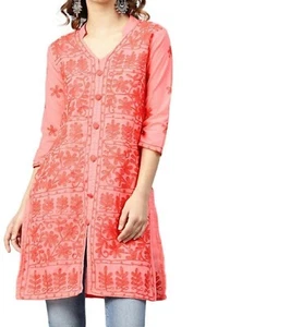 Beautiful Women Cotton Dresses Side Slit Front Button Kurta Peach Color Kurti - Picture 1 of 5