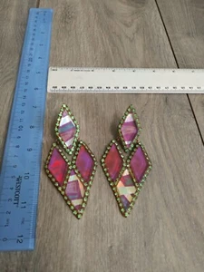Pink /Green Clip on Dangling Earrings and Shiny Gold Pierced Earrings Dangling - Picture 1 of 12