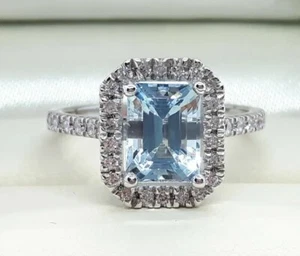 18ct White Gold 1.77cts Natural Aquamarine & 0.30ct Diamond Halo Cluster Ring - Picture 1 of 9