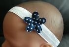 Baby/Reborn Doll 2 Inch Navy Satin Polka Dot Flower Headband