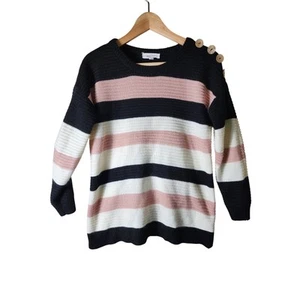 LOVE CIRCLE Maternity Pink Black White Striped Crew Neck Pullover Sweater SZ M - Picture 1 of 8