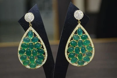 Diamanti e onice verde lunetta argento sterling 925 pavè set orecchini... - Immagine 1 di 4