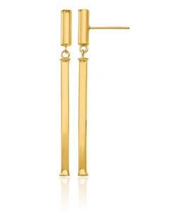 14K Solid Yellow Gold Square Line Bar Dangle Earrings - Picture 1 of 11