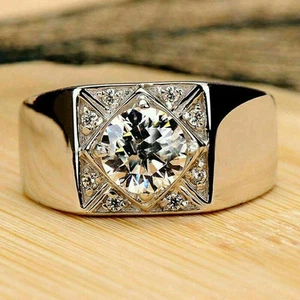 Round Cut Moissanite Men's Band Lab Created Pinky Ring 14k White Gold Plated - Picture 1 of 6
