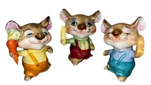 Homco 3 Topi Figure Giardino Raccolta Verdure Carote Mais Formaggio 3,5" Vintage - Foto 1 di 5