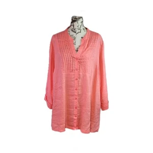 Kim Rogers Size 3X Shirt 100% Linen Roll Tab Sleeve Button Up Long Line - Picture 1 of 9