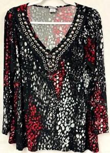 *Jaclyn Smith black red abstract flat sequins beaded trim long sleeve top 1X