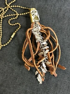 30" Brass & Silver Tone Trench Art Bullet Rawhide Fringe Necklace - Picture 1 of 11