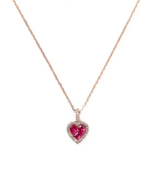 Simulated Pink Ruby & White Moissanite In 10K Rose Gold Halo Heart Pendant - Image 1 of 3