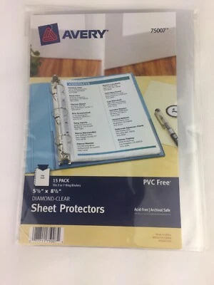 Avery Diamond Clear 75007 15 Sheet Protectors 8.5”  x 5.5” 3 Or 7 Ring Acid-Free - Image 1 of 2