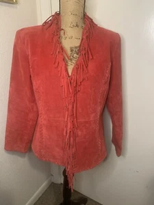  Vintage Chico’s Design Red Suede Fringe Jacket  - Picture 1 of 12
