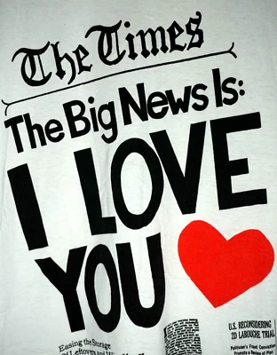 Camiseta De Colección Periódico New York Times XXL Para Hombre Blanca Años 90 Valetine Love You Foto 1 de 4