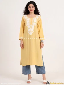 Yellow Rayon Chikankari Long Kurta Authentic Hand-Embroidered Straight Kurti - Picture 1 of 7