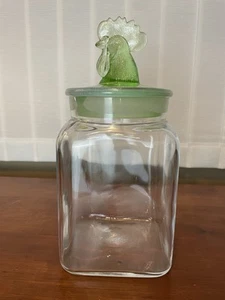 Green Rooster Lid Clear Square Glass Canister Jar Sugar Flour LE Smith ? - Picture 1 of 8
