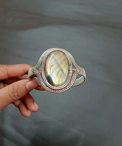 Handmade Labradorite Gem Bangle Wire Wrapped Adjustable Sterling Silver Bangle - Picture 1 of 4