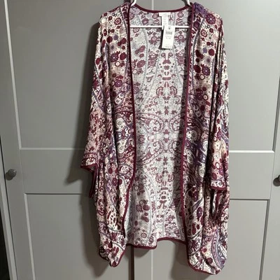 NWT J.Jill Women Paisley Print Batwing Open Front Light Cardigan XL-3X Cranberry - Image 1 of 4