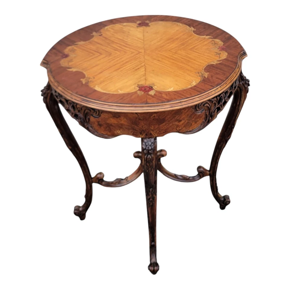 1940s Italian Walnut & Satinwood Inlay Carved Side Sofa Occasional Table - Image 1 of 4