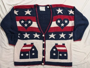 Vintage Marisa Christina American Stars Cardigan Cottagecore Hand Knit 2XL - Picture 1 of 7