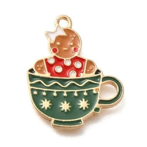 10 Christmas Gingerbread in a Cup Gold Tone Pendant Charms with Enamel Detail - Picture 1 of 2