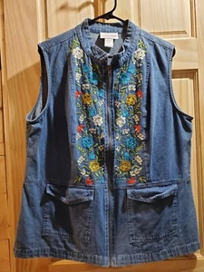 Country Store Jeansweste Damen groß Blumen bestickt blau Stickerei Reißverschluss gebraucht, in einwandfreiem Zustand - Bild 1 von 5